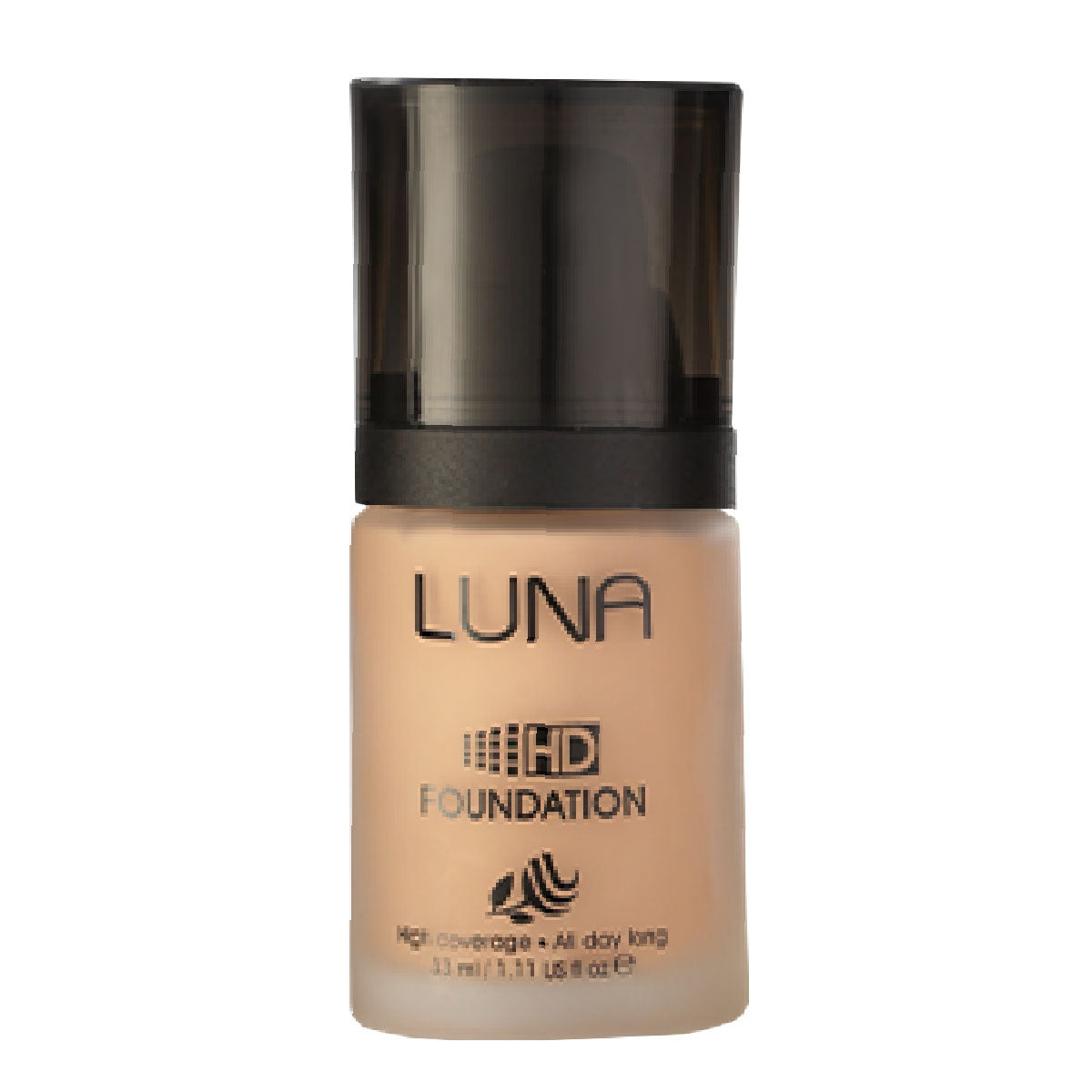 Refect Beauty LUNA HD liquid foundation in a glass bottle with a black cap for a smooth, high-definition finish.