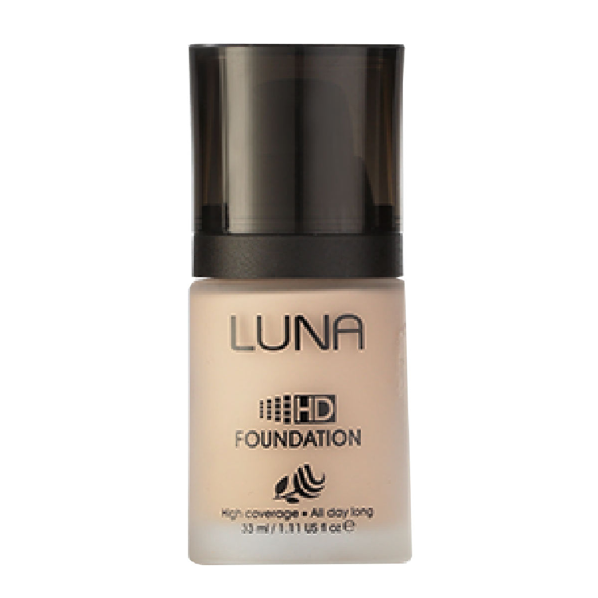 Refect Beauty LUNA HD liquid foundation in a glass bottle with a black cap for a flawless high-definition finish
