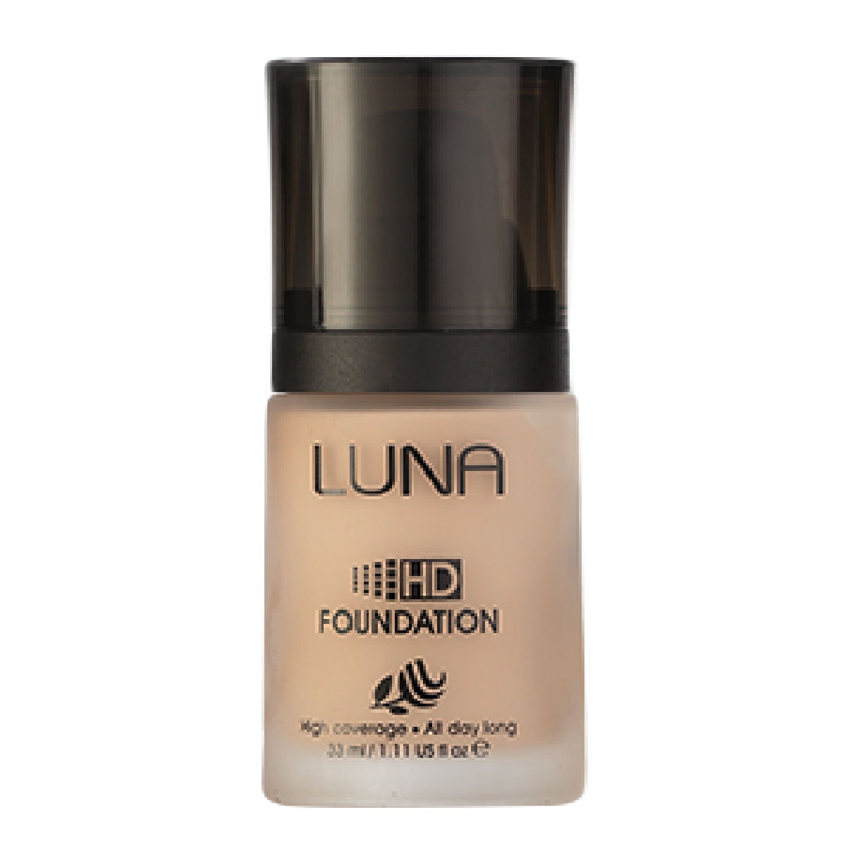 Refect Beauty LUNA HD liquid foundation in a glass bottle with a black cap for a flawless high-definition finish.