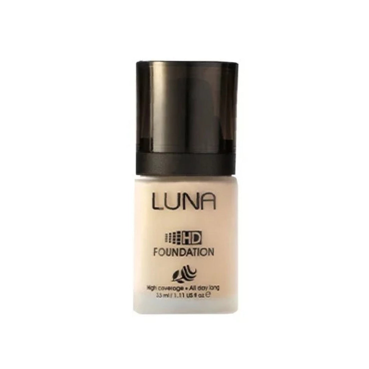 Refect Beauty LUNA HD liquid foundation in a glass bottle with a black cap for a flawless high-definition finish