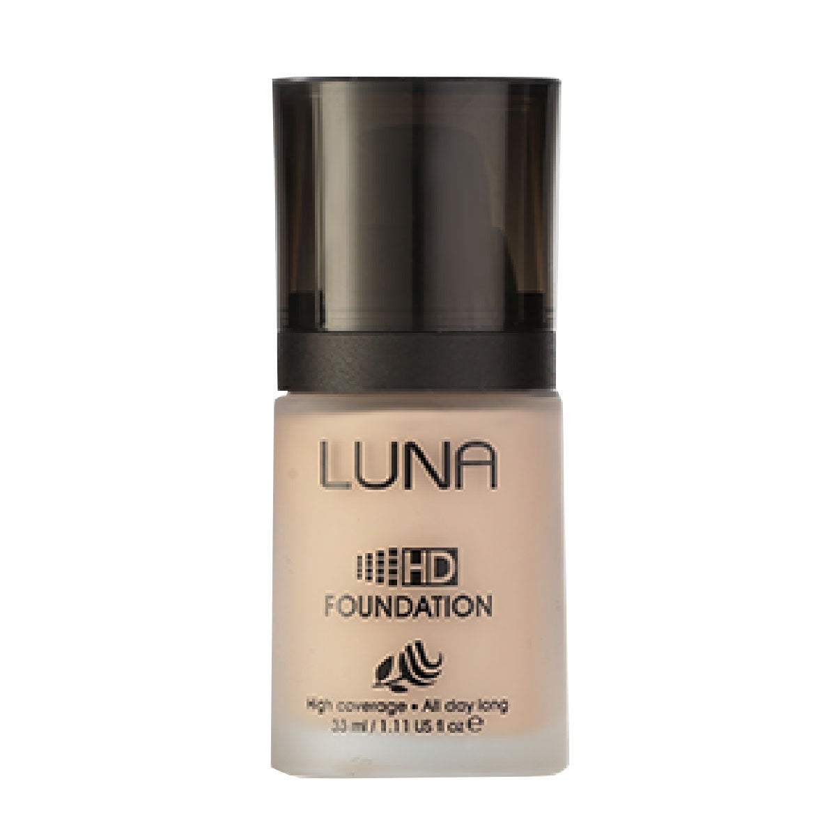 Refect Beauty LUNA HD liquid foundation in a glass bottle with a black pump cap for a flawless complexion