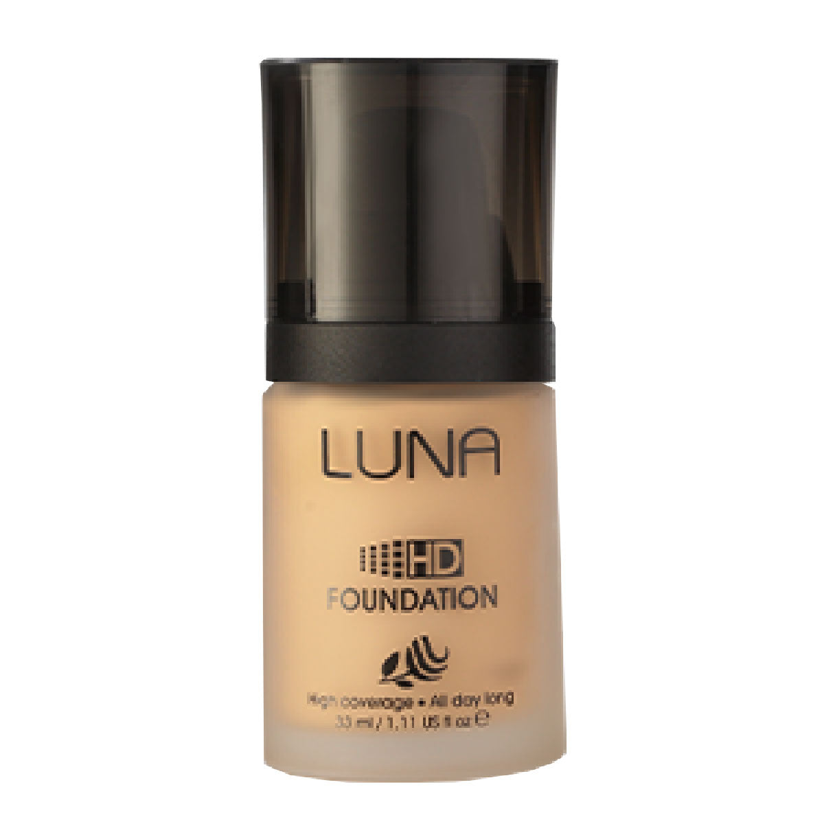 Refect Beauty LUNA HD liquid foundation in a glass bottle with a black cap for a smooth and flawless complexion.