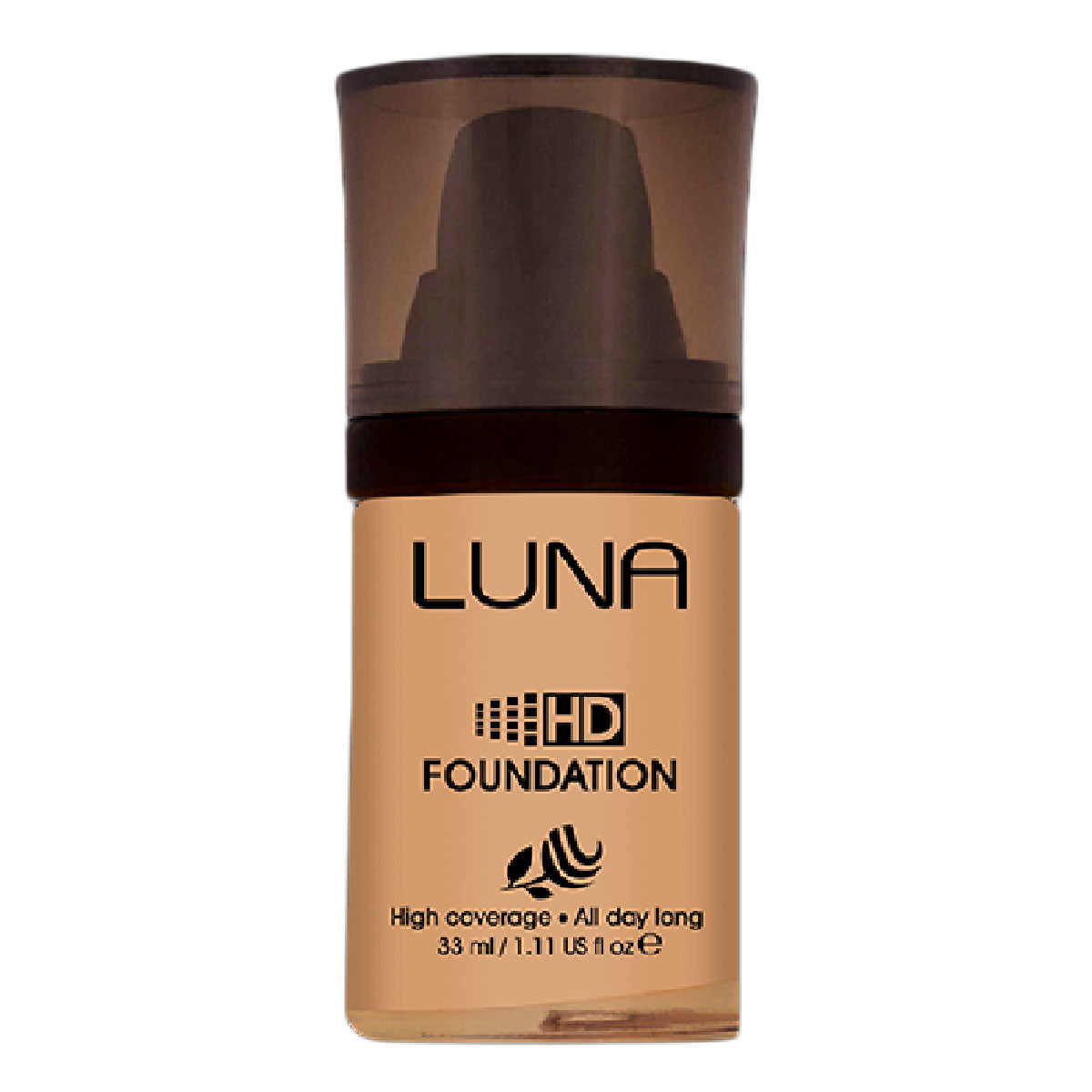 Refect Beauty LUNA HD liquid foundation in a glass bottle with a dark brown cap, offering high coverage.