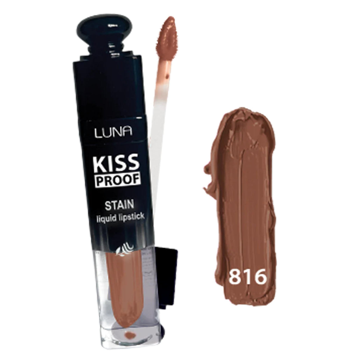 Refect Beauty Luna Kiss Proof liquid lipstick in shade 816, a matte brown, with applicator and color swatch.