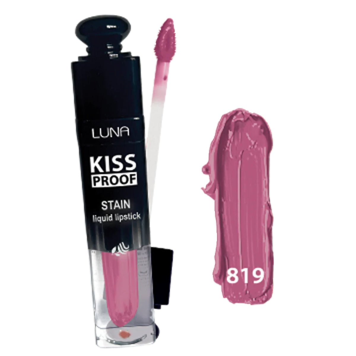 Refect Beauty Luna Kiss Proof liquid lipstick in shade 819, a vibrant mauve pink with a matte finish and applicator.