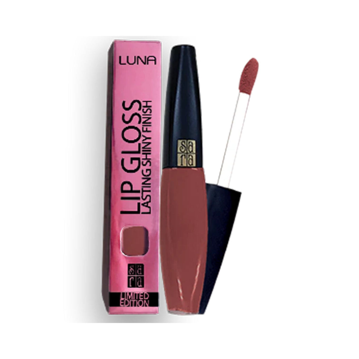 Refect Beauty Luna Lip Gloss No.6 in a mauve-toned shade with its matching pink product box and applicator wand.