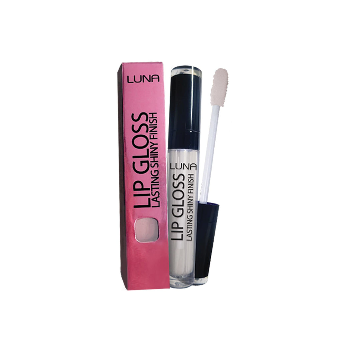 Refect Beauty Luna Lip Gloss No.1 in a clear tube with a pink box, featuring a long-lasting shiny finish applicator.