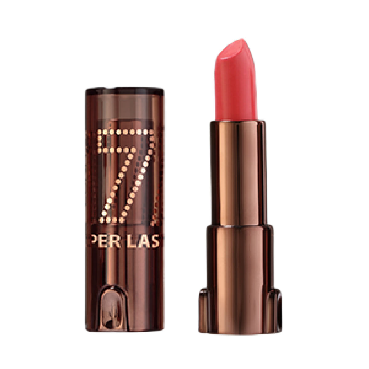 Refect Beauty LUNA Lipstick 7/11 in a vibrant coral shade with a sleek metallic brown tube and cap.