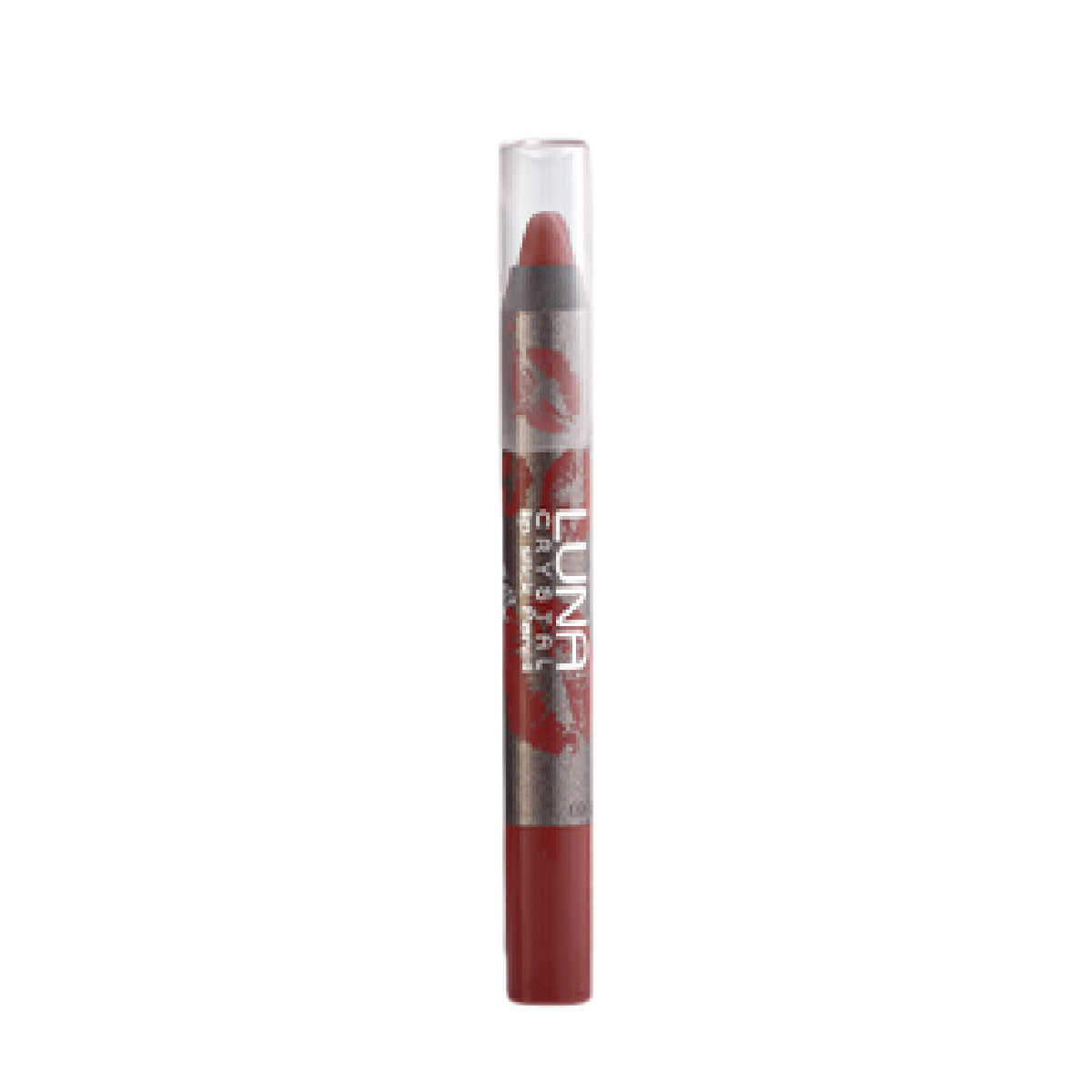Refect Beauty LUNA Crystal Lipstick Pencil in a deep red shade with a clear cap and lip print design on the barrel.