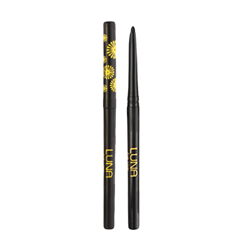 Refect Beauty LUNA Matic Eyeliner in black with a floral cap design, shown both capped and uncapped.
