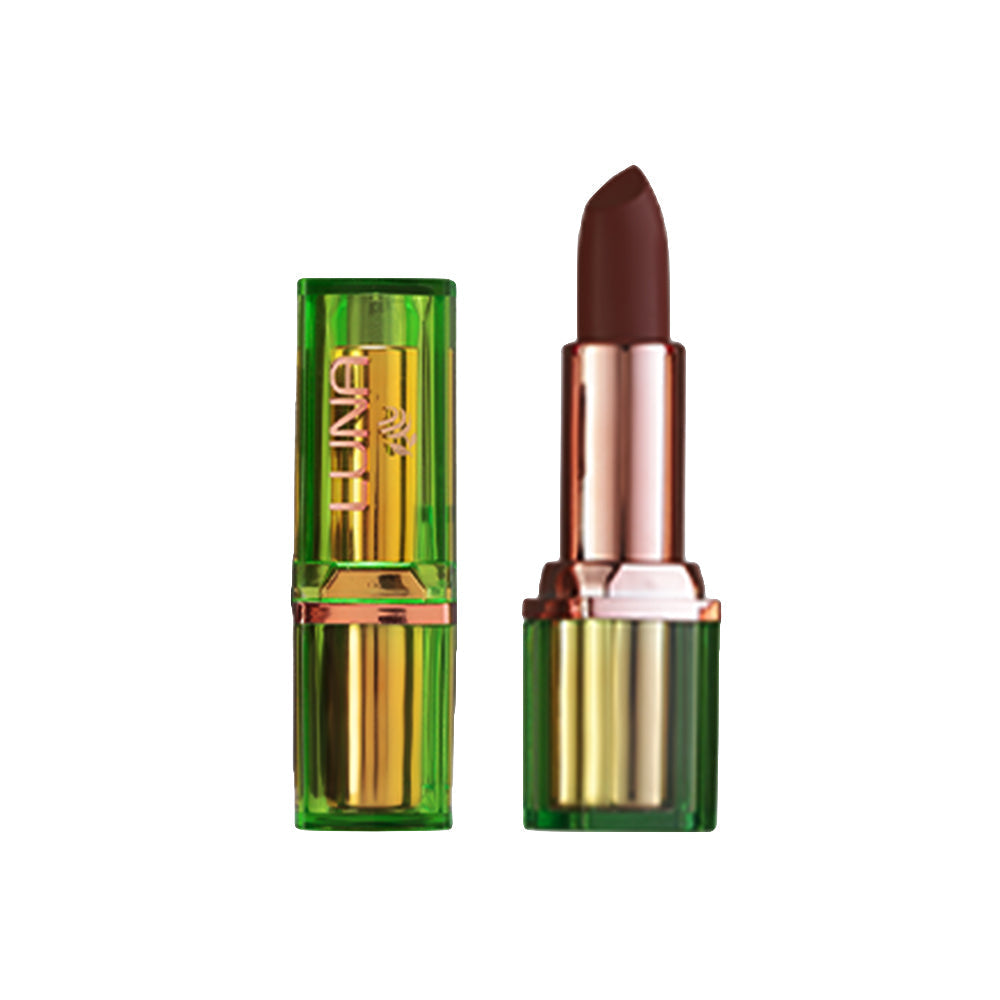 Refect Beauty Luna matte lipstick in a deep brown shade with a vibrant green and gold metallic casing.