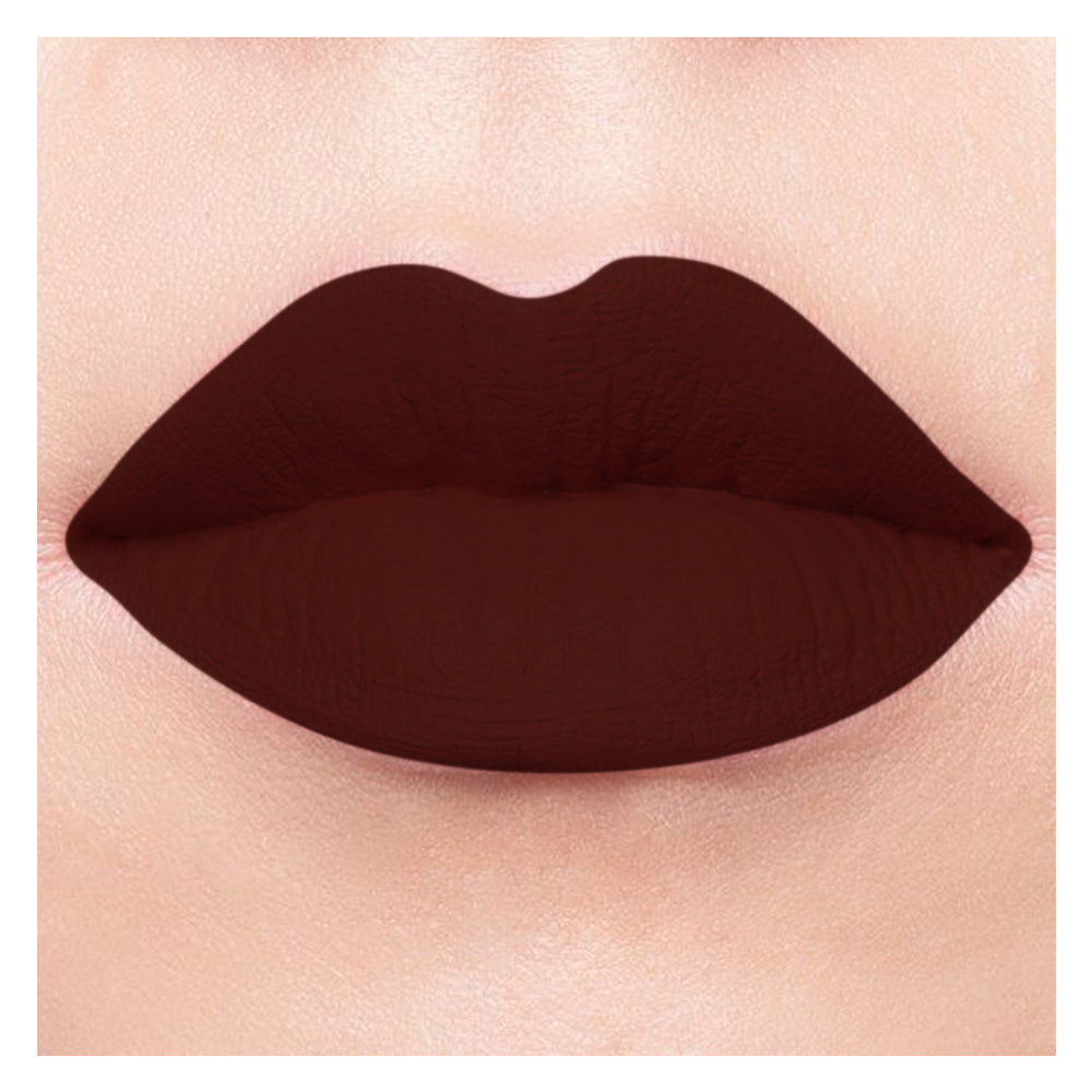 Refect Beauty Luna Matte Lipstick in a deep dark brown shade with a smooth, long-lasting matte finish on lips