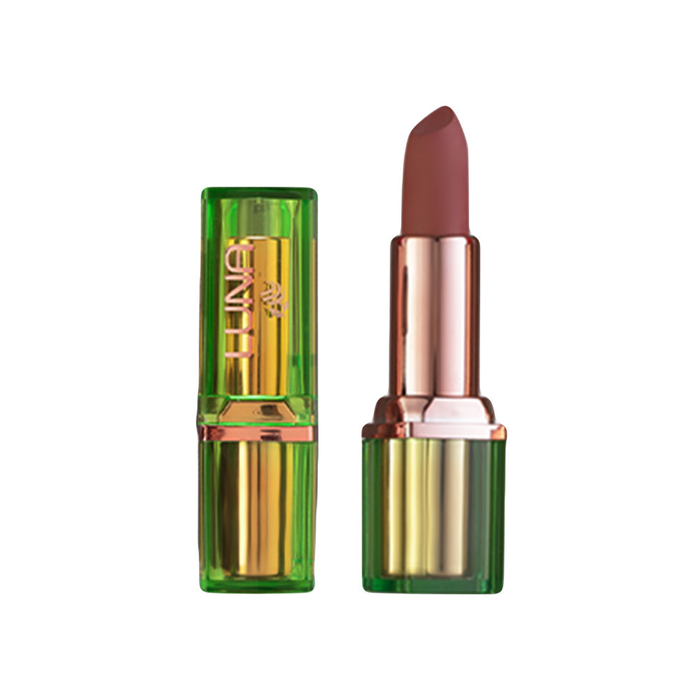 Refect Beauty Luna Matte Lipstick in a neutral shade with a green translucent case and gold metallic accents