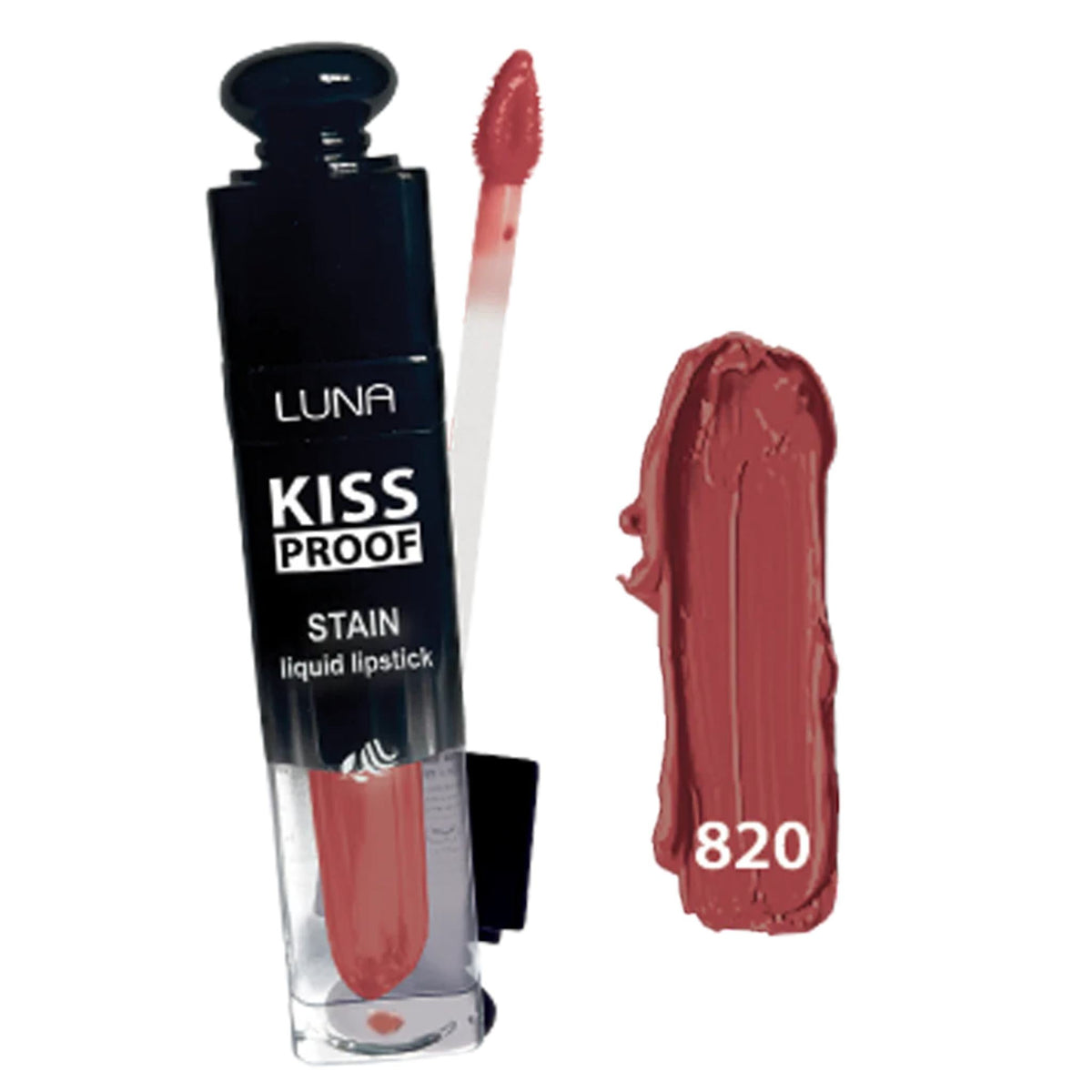 Refect Beauty Luna Kiss Proof liquid lipstick in shade 820, a long-lasting matte mauve rose with applicator wand.