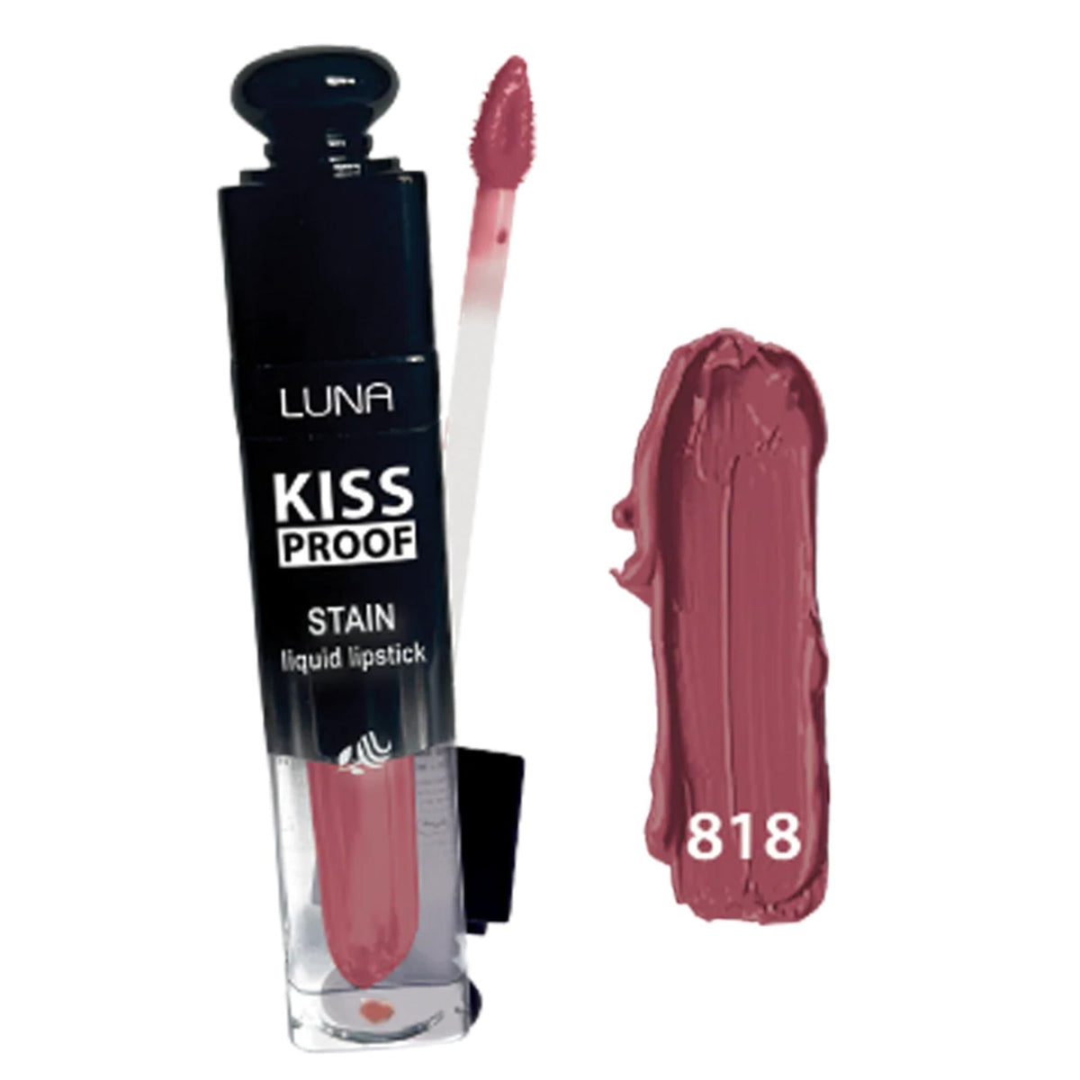 Refect Beauty Luna Kiss Proof liquid lipstick in shade 818 with a dusty rose matte swatch and applicator wand.