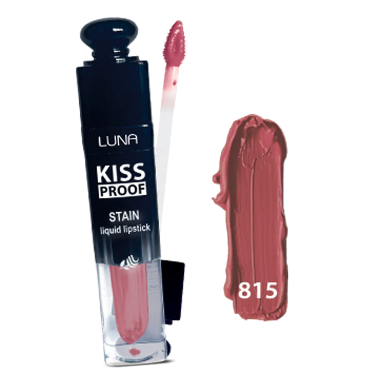 Refect Beauty Luna Kiss Proof liquid lipstick in shade 815 with a dusty rose matte swatch and applicator wand