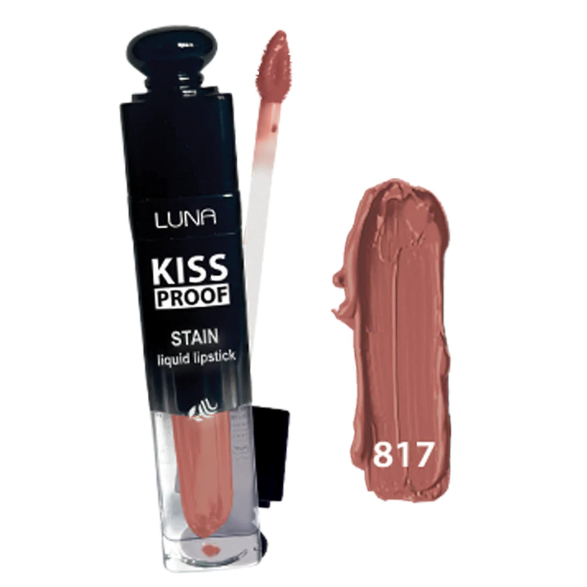 Refect Beauty Luna Kiss Proof liquid lipstick in shade 817, a dusty rose matte color with applicator wand.