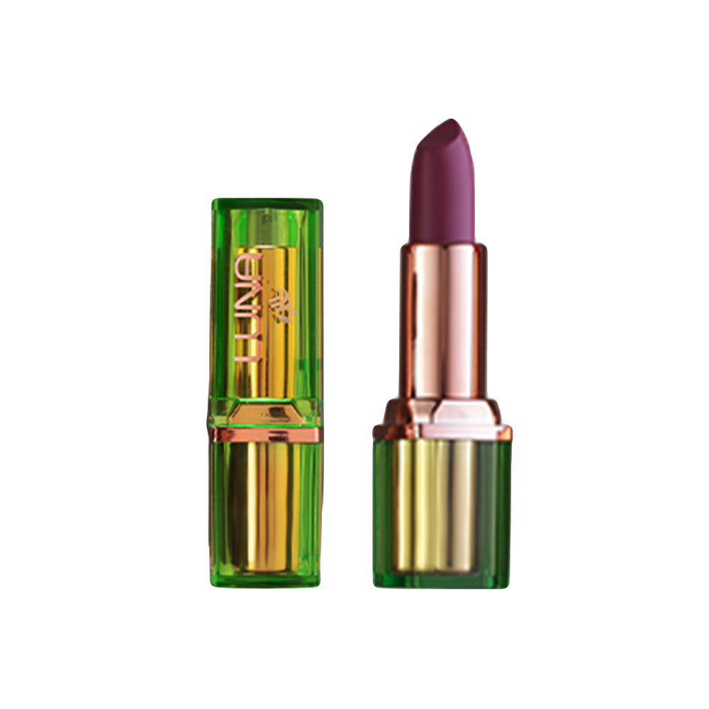 Refect Beauty Luna Matte Lipstick in a deep plum shade with a vibrant green and gold metallic case.