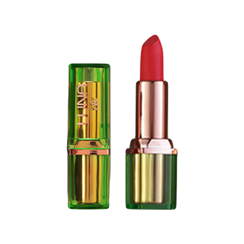 Refect Beauty Luna Matte Lipstick in vibrant red with a unique green translucent case and gold metallic accents.