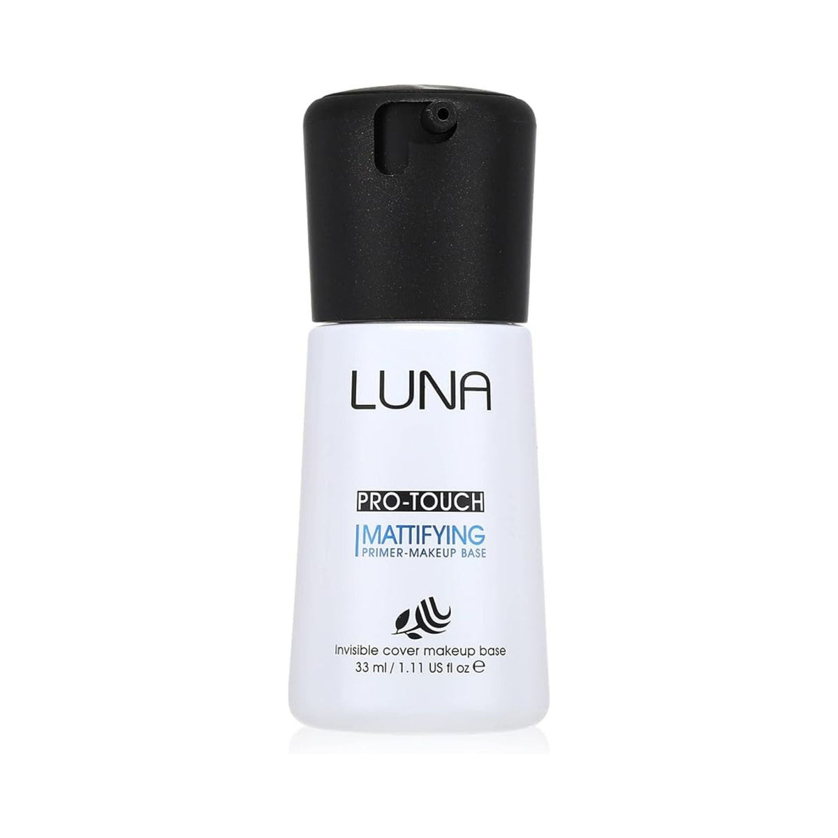 Refect Beauty Luna Pro-Touch mattifying makeup pump primer in a white bottle with a black cap for a smooth finish.