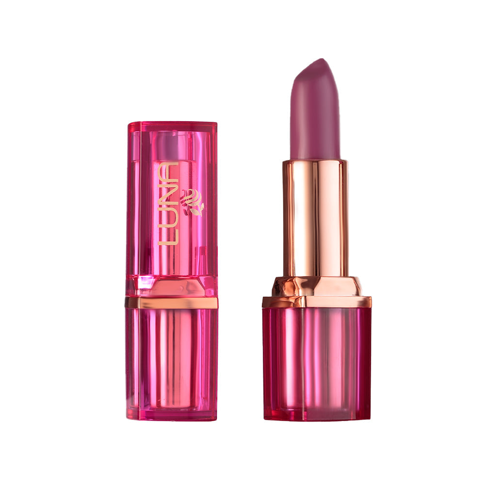 Refect Beauty LUNA semi matte lipstick in a deep mauve shade with a vibrant pink translucent case.