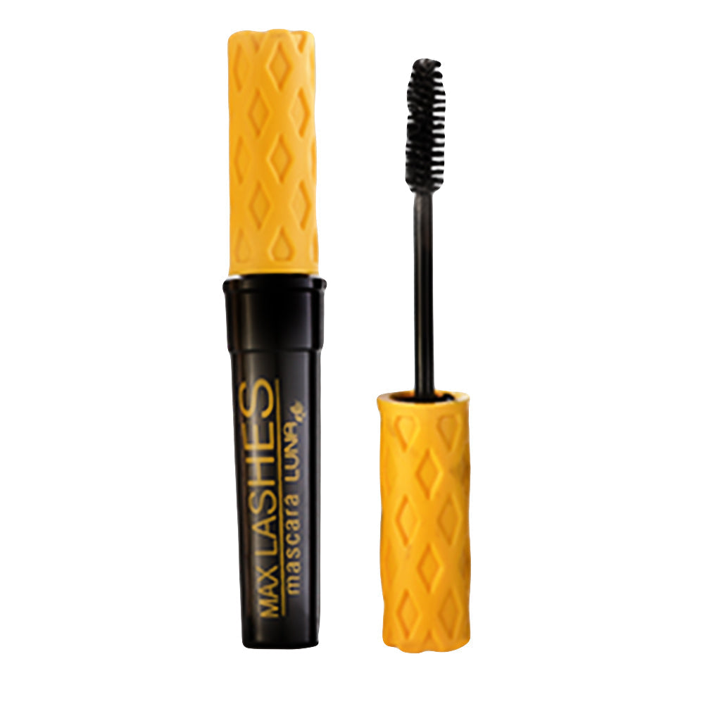 Refect Beauty LUNA Max Lashes mascara in a black tube with a textured yellow cap and a spiral applicator brush