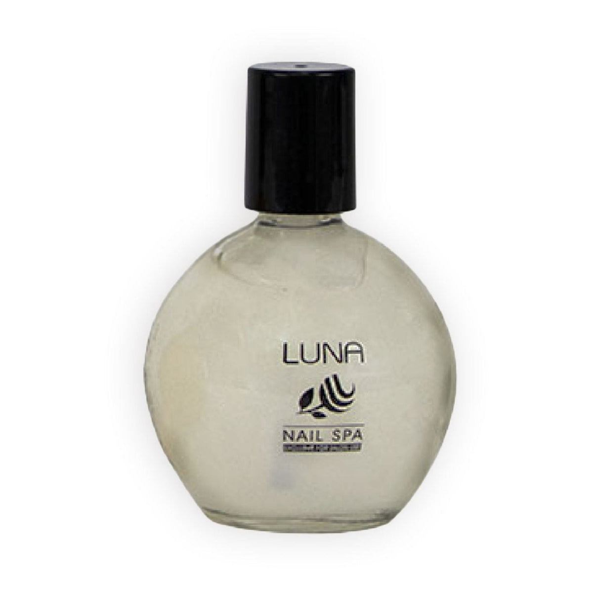 Refect Beauty LUNA Nail Spa cuticle remover in a clear round glass bottle with a black cap for professional nail care.