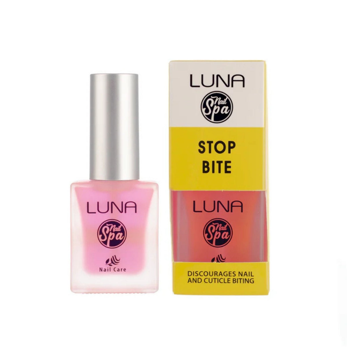 Refect Beauty LUNA Nail Spa Stop Bite treatment bottle and yellow packaging box for discouraging nail biting