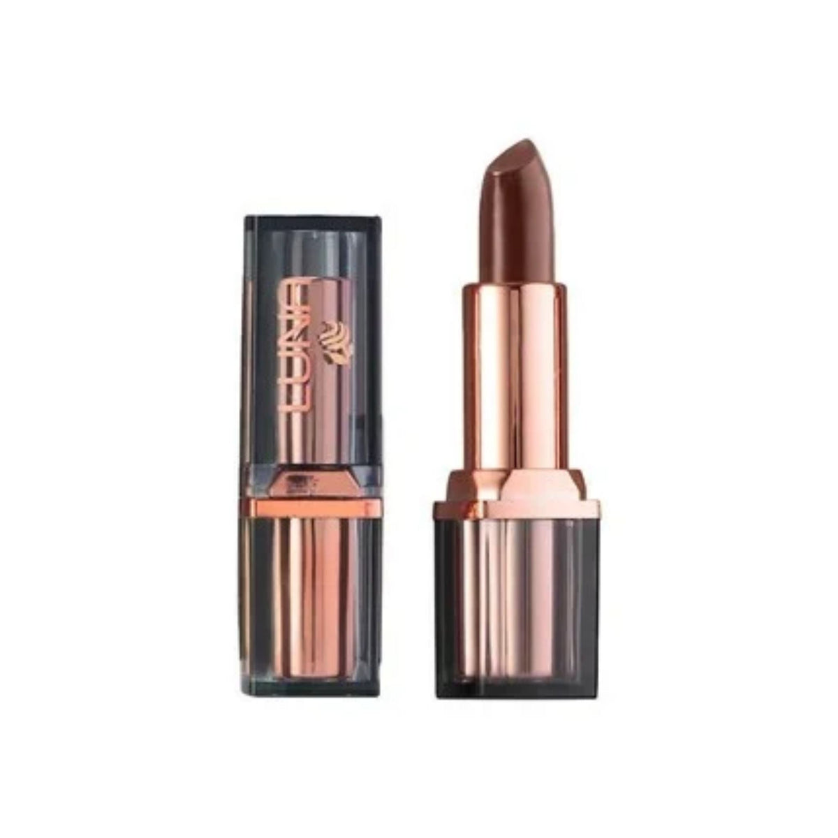 Refect Beauty LUNA nude lipstick in a sleek rose gold and dark translucent case with a creamy brown shade