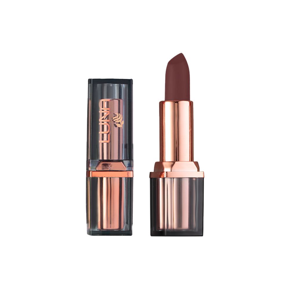 Refect Beauty LUNA nude lipstick in a rose gold and translucent black tube with a creamy dark nude shade