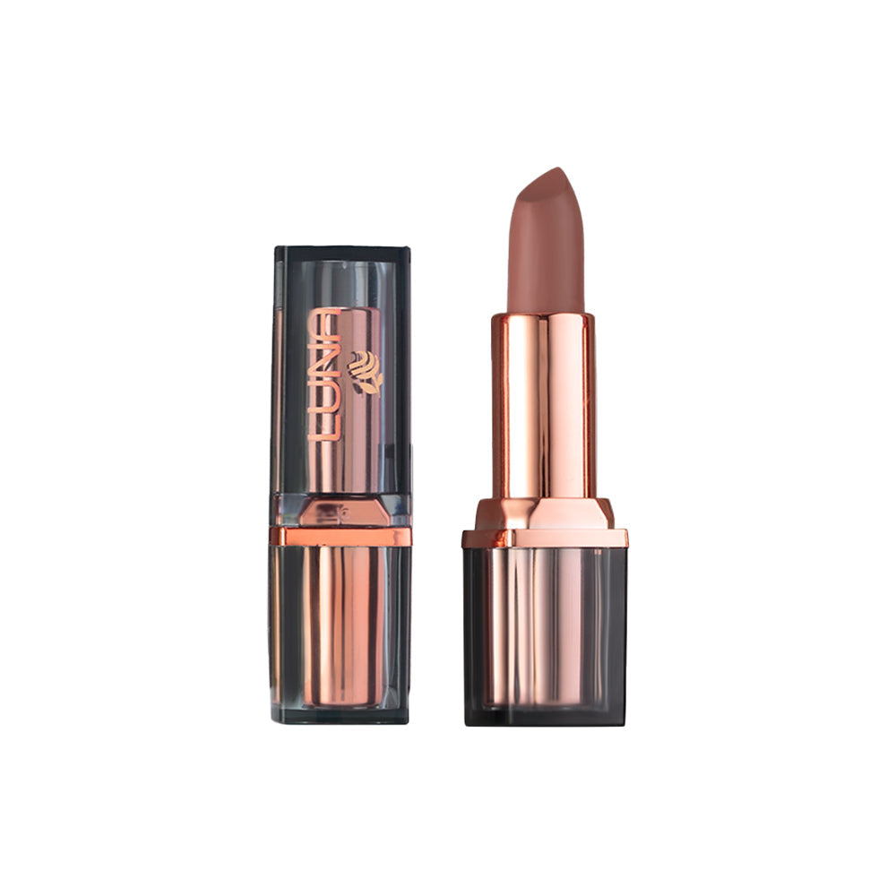 Refect Beauty LUNA nude lipstick in a rose gold and black tube with a creamy, soft-toned finish.