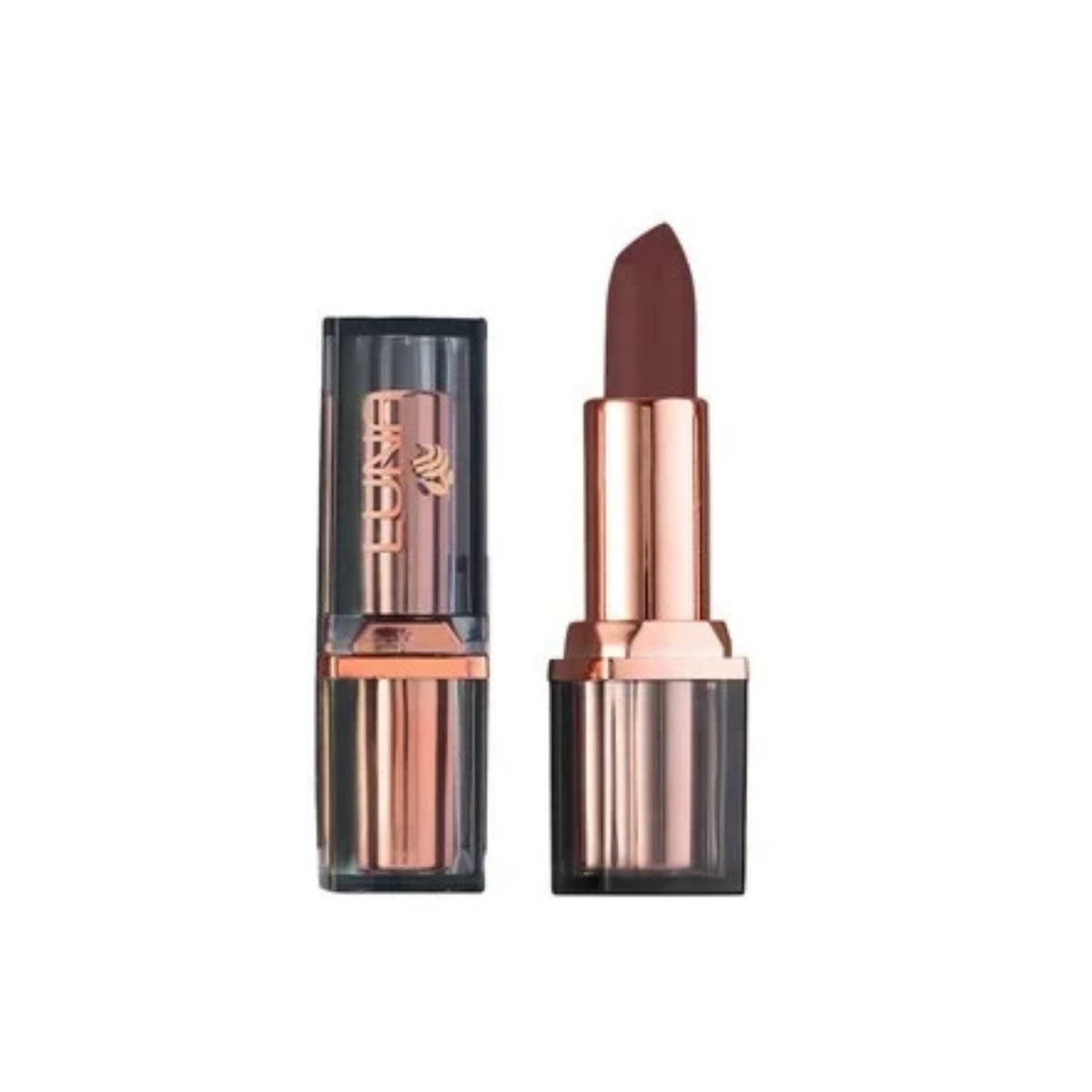 Refect Beauty LUNA nude lipstick in a sleek rose gold and black tube with the cap removed to show the matte shade.