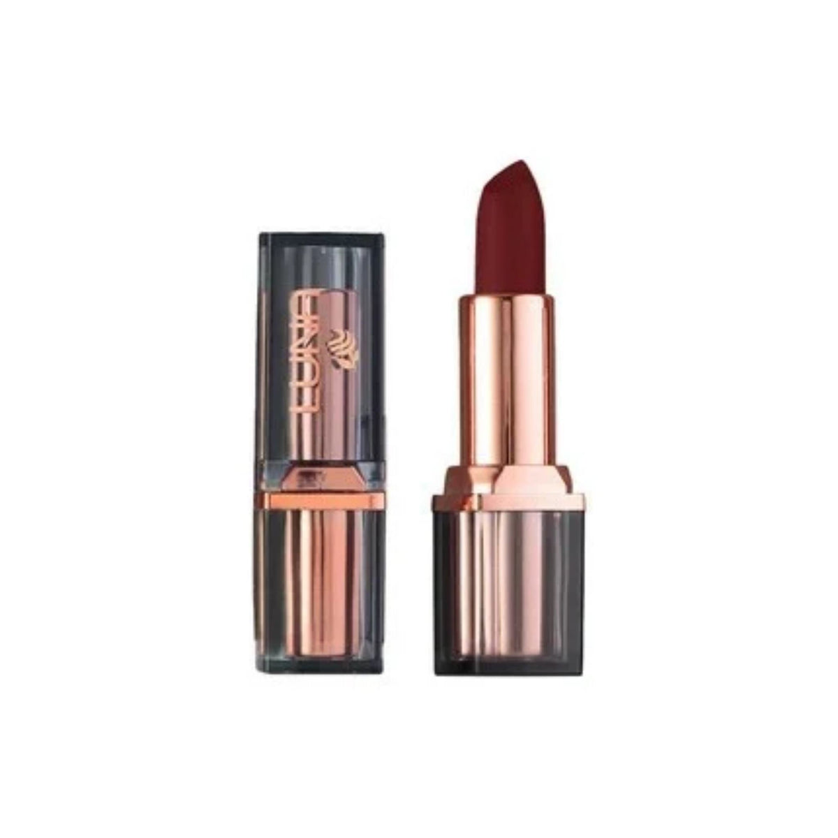 Refect Beauty LUNA nude lipstick in a sleek rose gold and transparent tube with a deep red shade