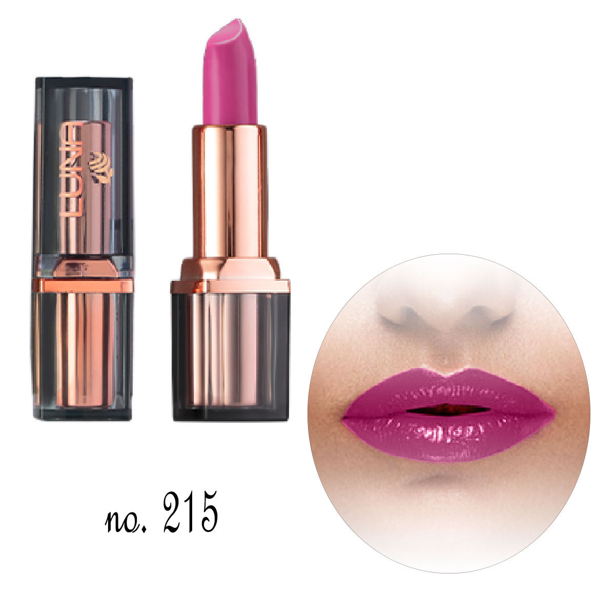 Refect Beauty LUNA Extra Creamy lipstick in vibrant pink shade no. 215 with rose gold casing and lip swatch