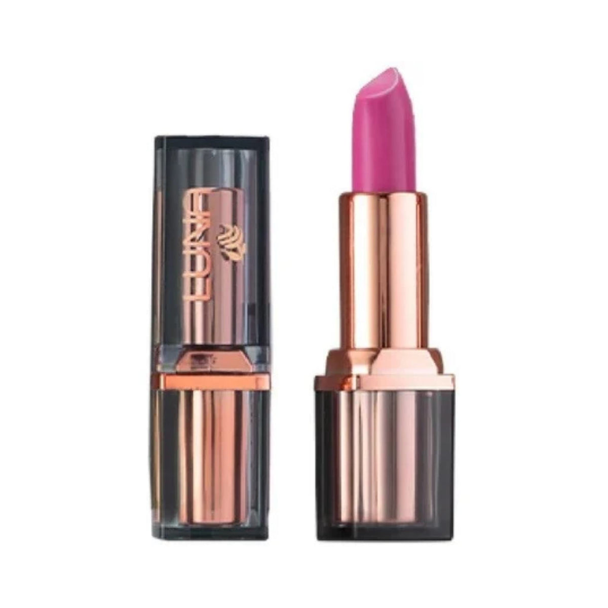 Refect Beauty LUNA Extra Creamy lipstick in a vibrant pink shade with a rose gold metallic tube and black cap.