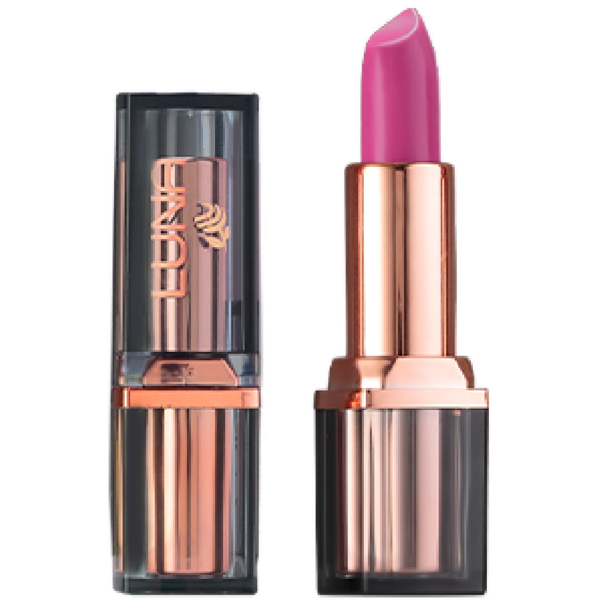Refect Beauty LUNA extra creamy lipstick in a vibrant pink shade with a rose gold and black metallic tube.