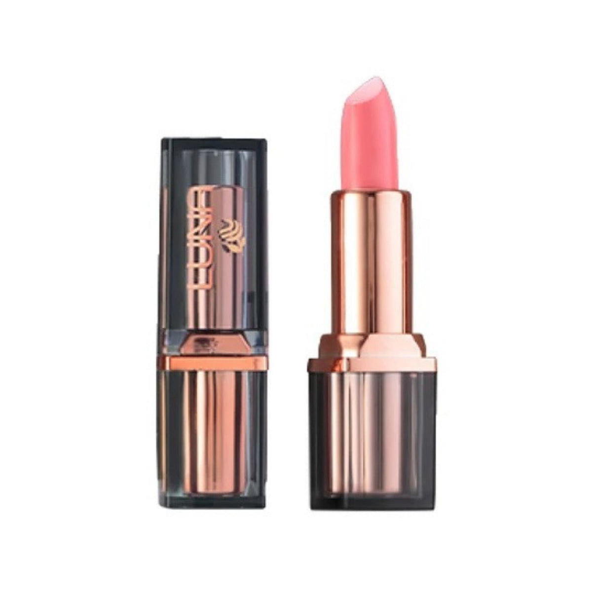 Refect Beauty LUNA Extra Creamy lipstick in a soft pink shade with a rose gold and black metallic casing.