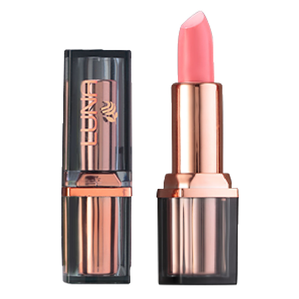 Refect Beauty LUNA Extra Creamy lipstick in a soft pink shade with a rose gold and black metallic casing.