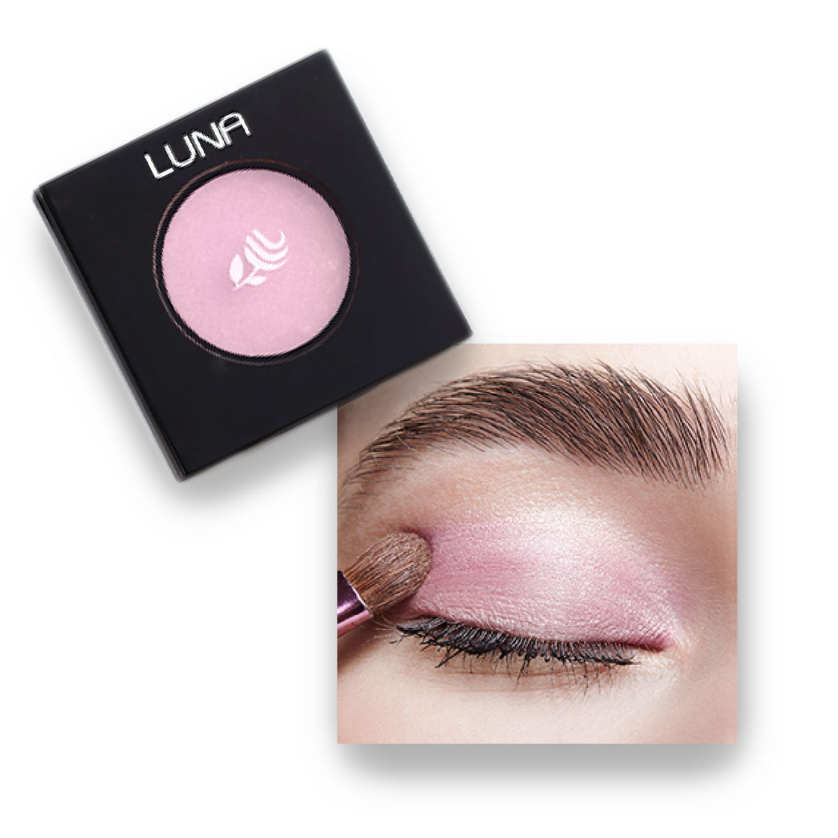 Refect Beauty LUNA light pink eyeshadow in a black compact with a brush applying the shimmer powder to an eyelid