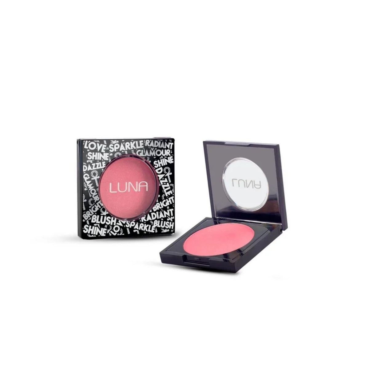 Refect Beauty LUNA silky powder blush in a pink shade with its black patterned compact case and open mirror lid.