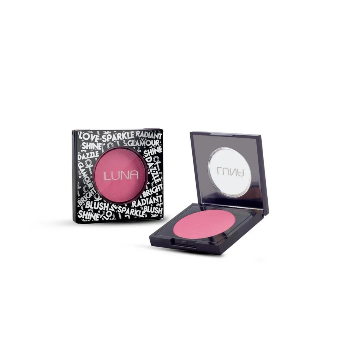 Refect Beauty LUNA powder blush in a pink shade, shown with its patterned compact case and open mirror compact.
