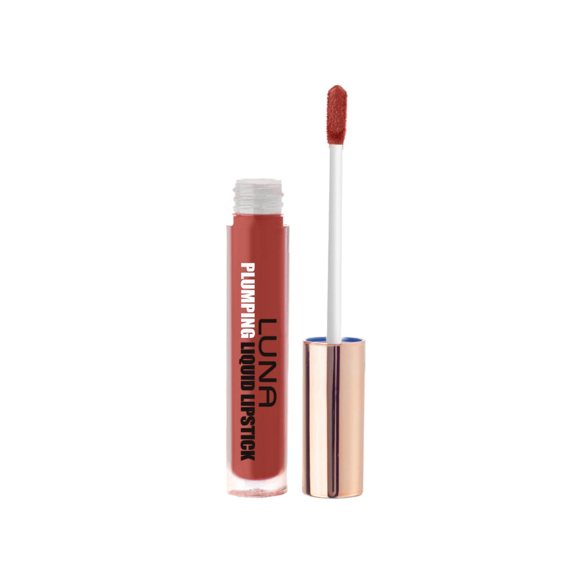 Refect Beauty Luna Plumping Liquid Lipstick in a rich red shade with a doe-foot applicator for a glossy finish.