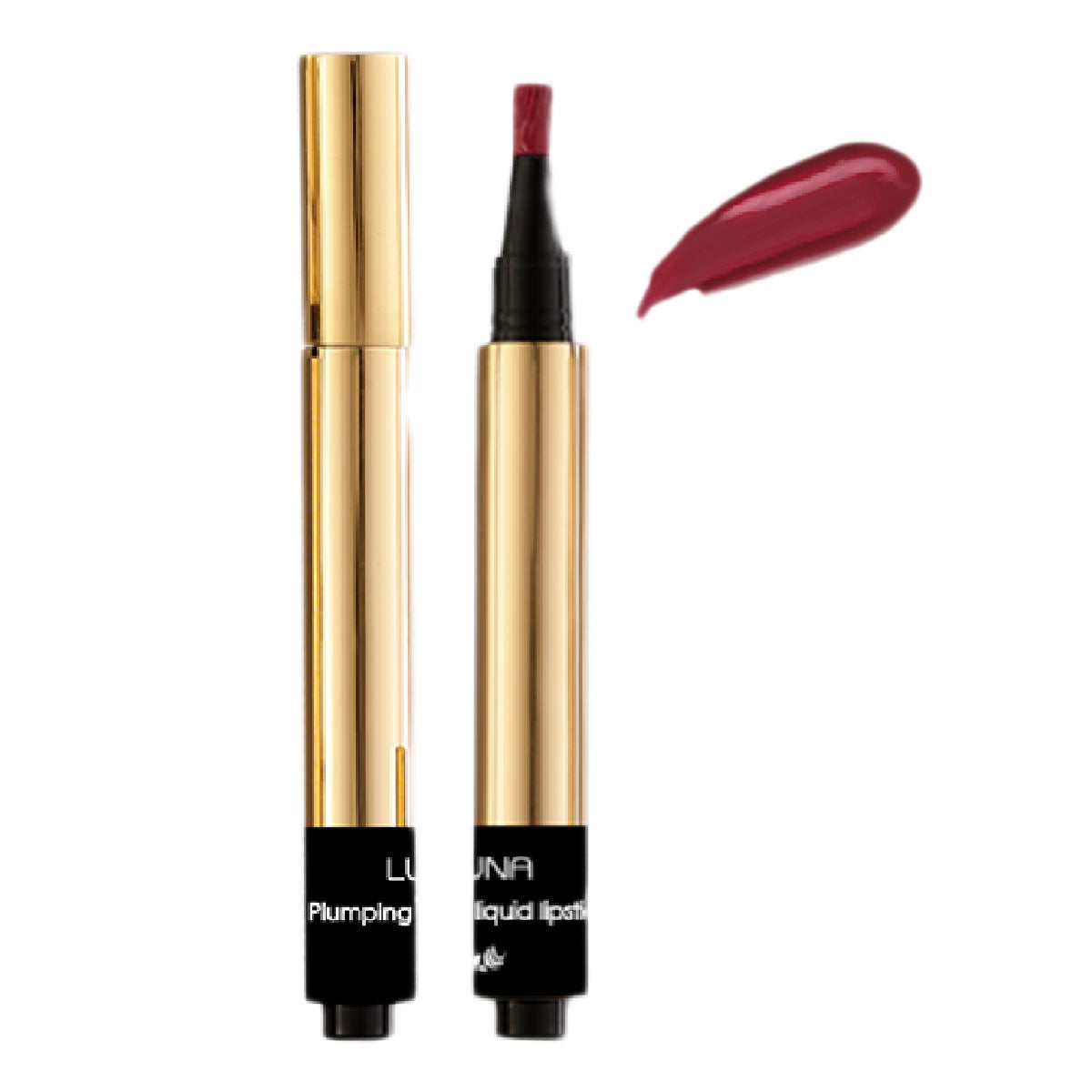 Refect Beauty LUNA plumping liquid lipstick in deep red with a gold applicator tube and a swatch of the pigment.