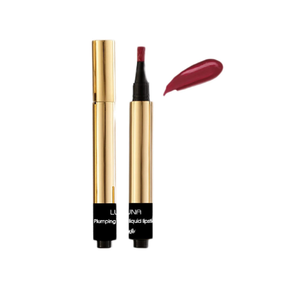 Refect Beauty LUNA plumping liquid lipstick in a rich berry shade with a gold applicator tube and color swatch