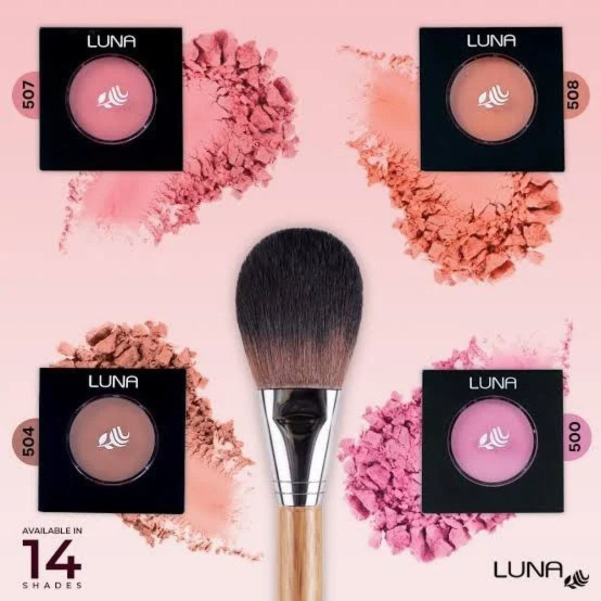 Refect Beauty LUNA powder blush compacts in four shades with swatches and a makeup brush on a soft pink background
