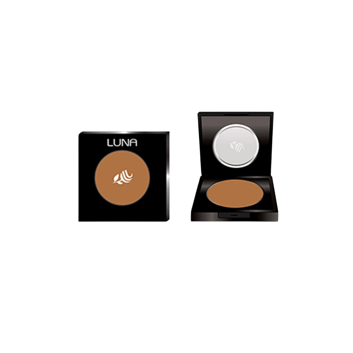 Refect Beauty LUNA powder blush in a warm brown shade, shown in a sleek black compact case with a mirror.