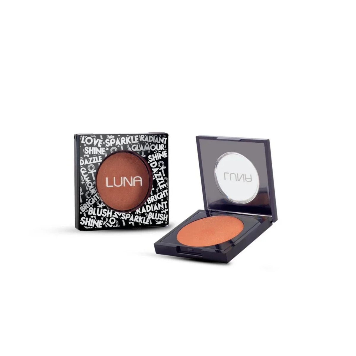 Refect Beauty LUNA silky powder blush in a compact case with decorative black and white typography packaging