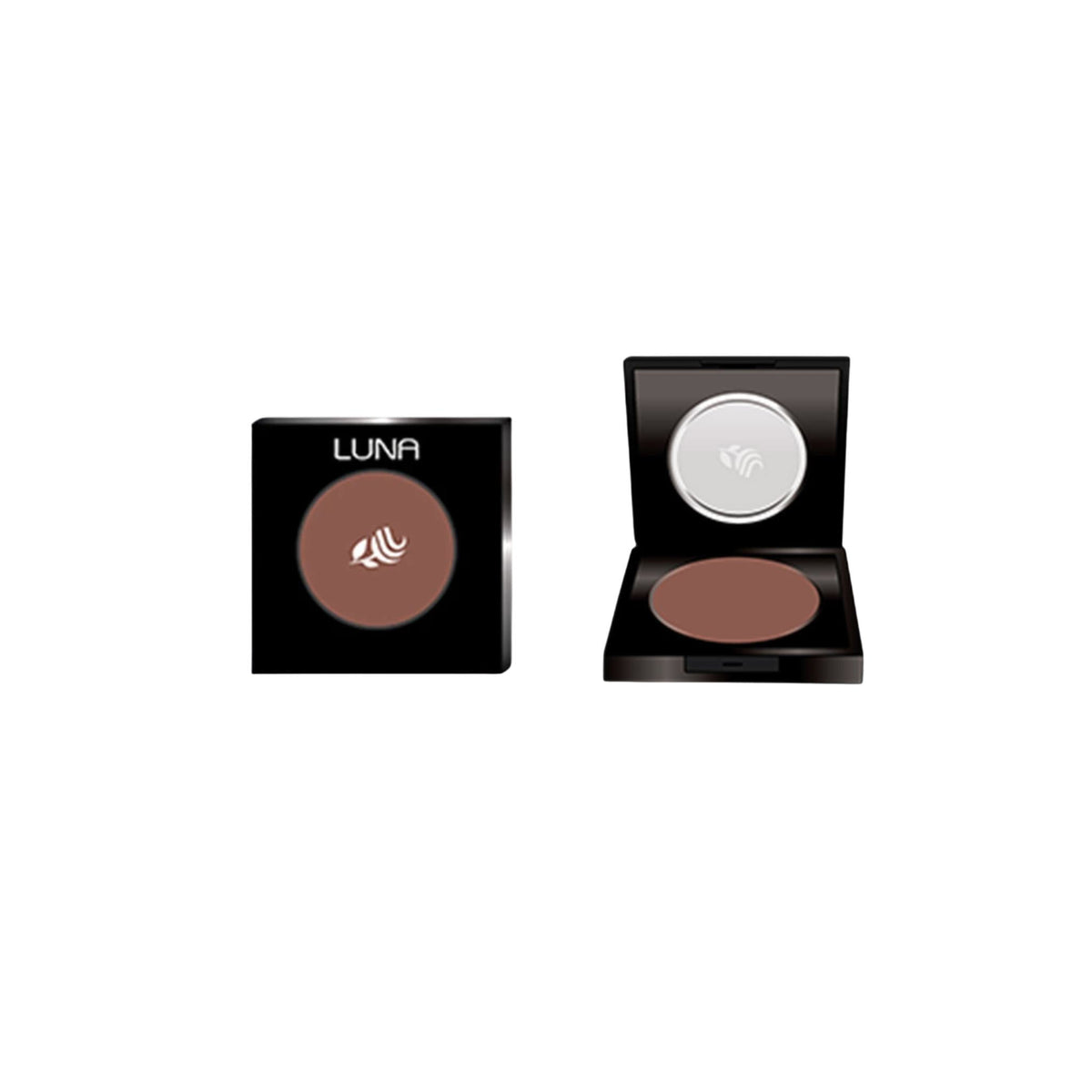 Refect Beauty LUNA silky powder blush in a compact case, shown closed and open with a natural brown shade.