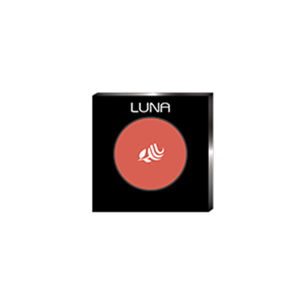Refect Beauty LUNA powder blush in a coral shade with a floral logo embossed in a sleek black square compact case.