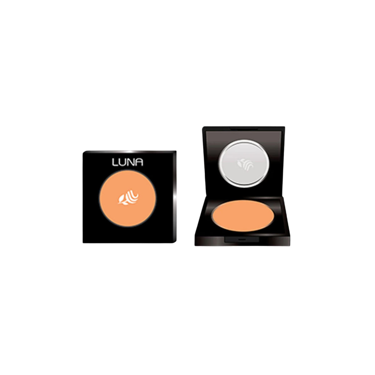 Refect Beauty LUNA silky powder blush in a peach shade with a compact case, shown closed and open.